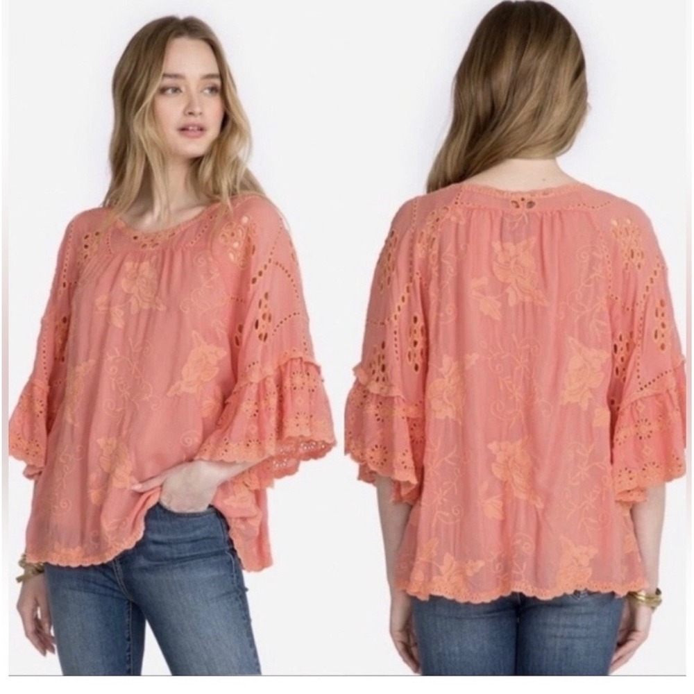 Johnny Was Roman‎ RuffleBlouse Coral Sunset in CupraRayon XL